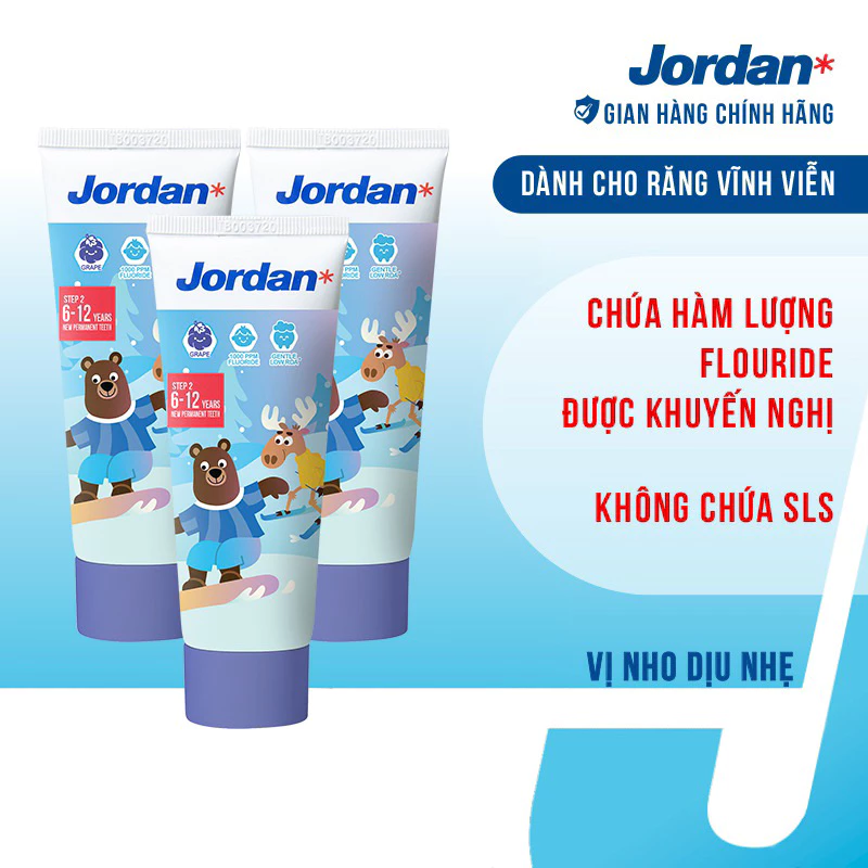 [Combo 3 Tuýp] Kem đánh răng Jordan cho bé từ 6-12 Tuổi Vị nho 75g/tuýp