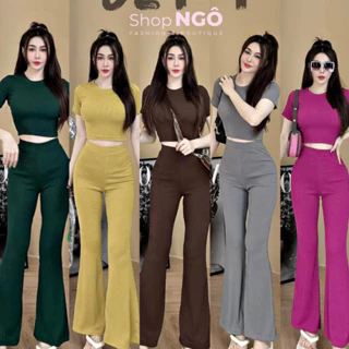 Set bộ thun gân trơn màu, set áo thun cổ tròn croptop phối quần dài ống loe  phù hợp đi chơi mặc nhà