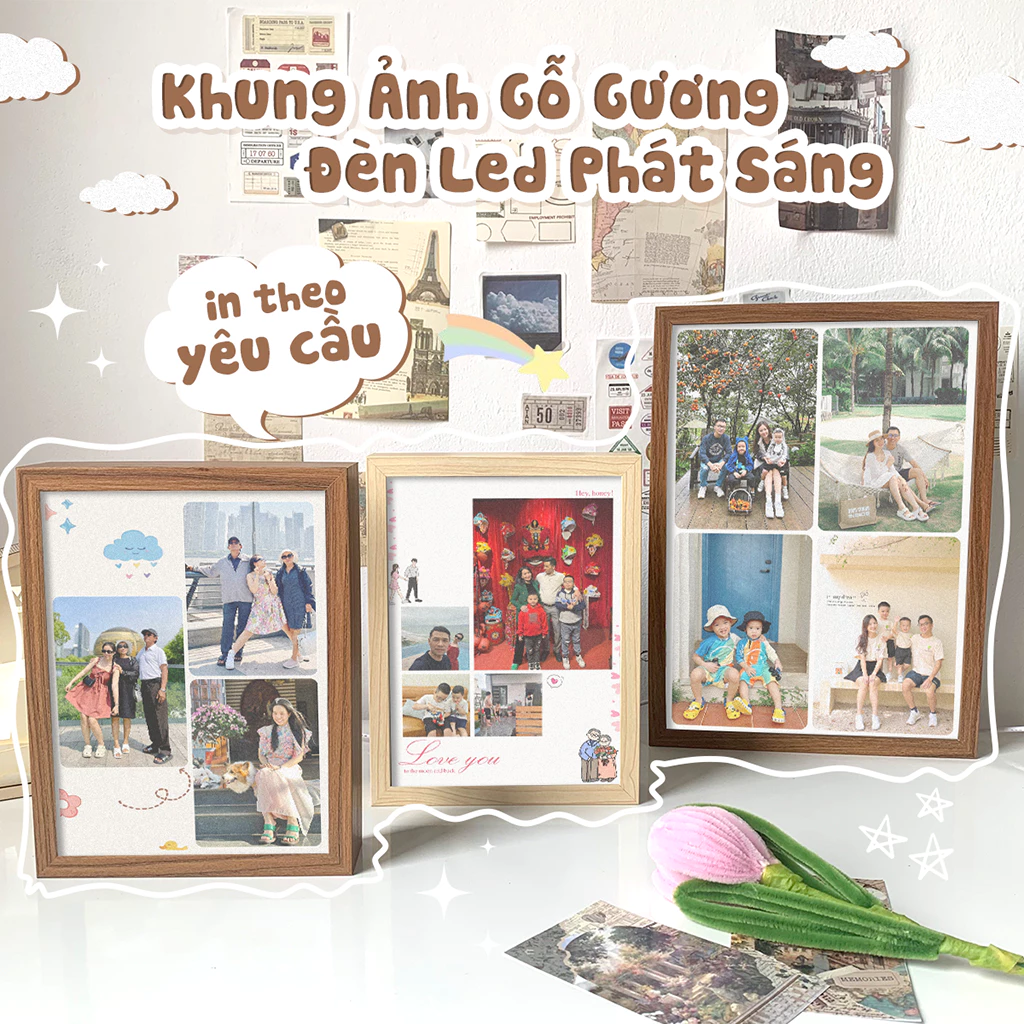 Khung ảnh gỗ tích hợp gương soi in ảnh theo yêu cầu gia đình Lada gift làm quà tặng GD, người thân