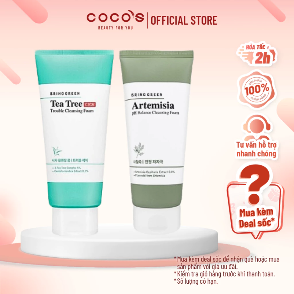 Sữa Rửa Mặt Bring Green Cleansing Foam, Sữa Rửa Mặt Tràm Trà Giảm Mụn, Sữa Rửa Mặt Ngải Cứu Làm Dịu Da 150ml