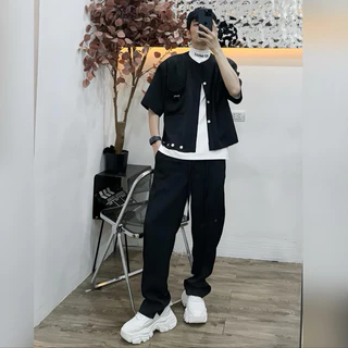 Set Áo Sơmi Form Crop Kết Hợp Quần Suông Design Play Boys 2 Màu Đen Ghi Menswear