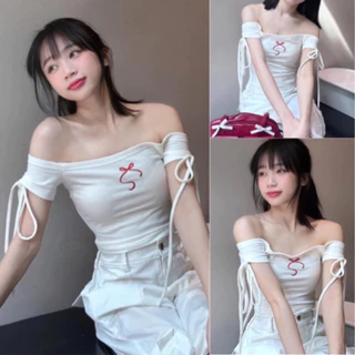 Áo trễ vai thêu nơ rút dây chất cotton sịn sò Ap 10