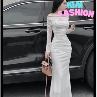 Đầm body trễ vai thiết kế gắn bông dài tay siêu xinh Kim Fashion, Đầm dáng dài đuối cá sang trọng quý phái dự tiệc