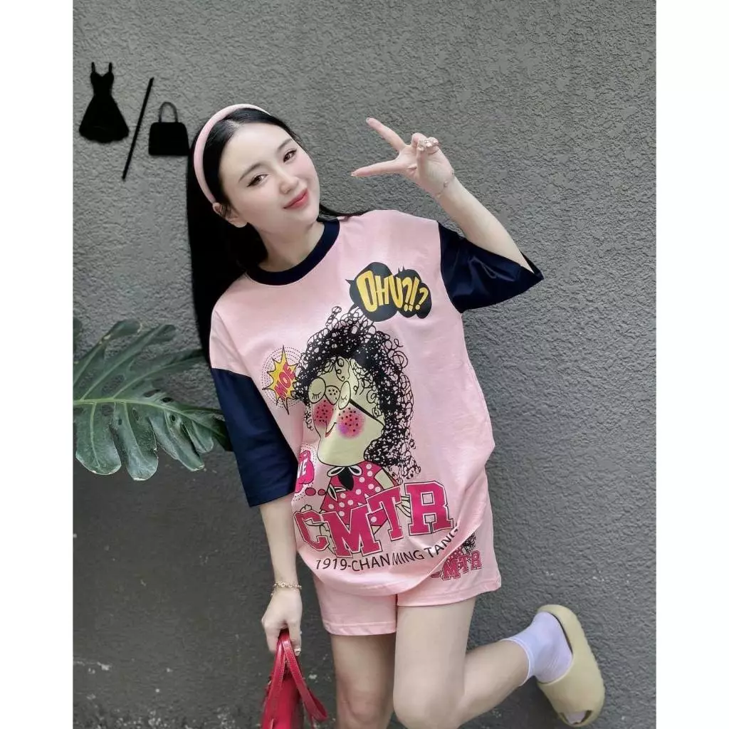 🍉 Set áo thun cô gái tóc xù tay phối + short  🔥𝐇𝐨𝐚̉ 𝐓𝐨̂́𝐜🔥 𝐌𝐄𝐎𝐈𝐍𝐃𝐀𝐇𝐎𝐔𝐒𝐄