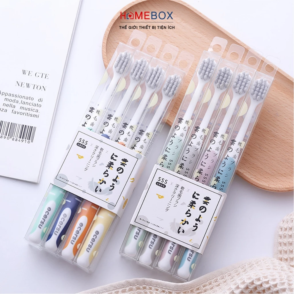Bộ 4 bàn chải đánh răng Nhật lông tơ mềm mại, Bàn trải đánh răng Than tre hoạt tính lông mềm siêu êm
