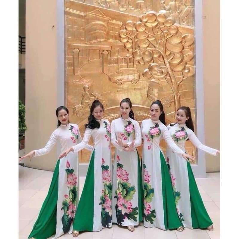 Áo dài trắng hoạ tiết in hoa sen lụa loại 1 mềm mại, co giãn tay lỡ cổ 2cm múa hát biểu diễn văn nghệ màu Trắng Ảnh thật