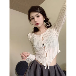 áo len dệt kim croptop kiểu rách sọc (2388#)