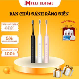 Bàn Chải Điện Đánh Răng MELLI Thông Minh 6 Chế Độ Sóng Âm Pin Sạc 1200MAH3 Tặng Kèm 4 Đầu Thay Thế