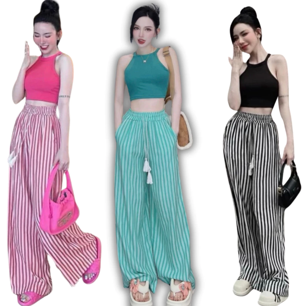 Set bộ mặc đi chơi, áo yếm 3 lỗ croptop tăm lạnh mix quần dài ống suông đũi mềm hot trend. Size 40 - 55kg