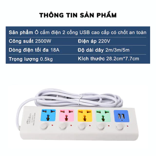 3779 Ổ Cắm Điện Đa Năng Thông Minh, Ổ Cắm Điện USB Cao Cấp Chống Giật, Công Suất 2500W Dây Dài Có Chốt Từng Ổ An Toàn