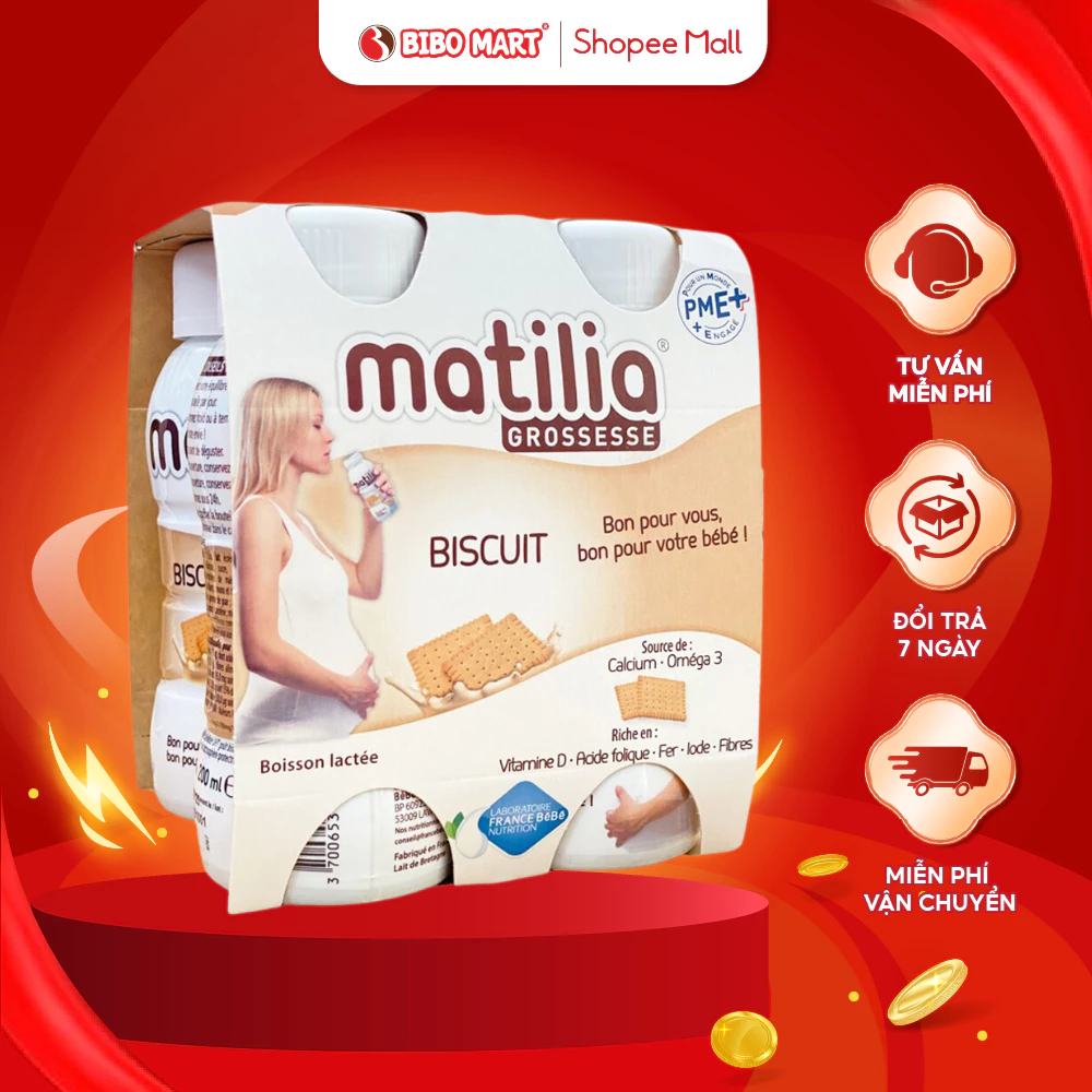 Sữa bầu Matilia Vị Biscuit Sữa Bầu Pha Sẵn Bổ Sung Dưỡng Chất Cho Bé Thơm Ngon Cho Mẹ (Lốc 4 hộp) 200ml - Bibomart