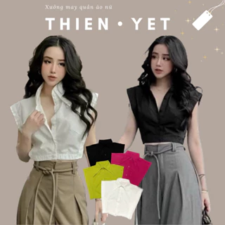 Áo sơ mi croptop SÁT NÁCH CỔ NHỌN phối nút xinh xẻo công sở phá cách nữ UN-Thiên Yết