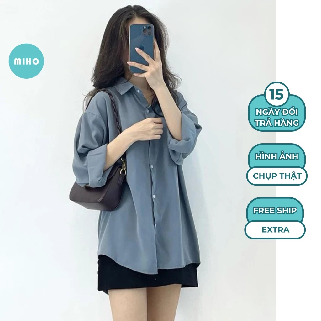 Áo sơ mi vải tằm lụa form rộng, Áo sơ mi nữ trơn mùa hè thoáng mát, Áo somi freesize chất liệu vải cao cấp Miho House