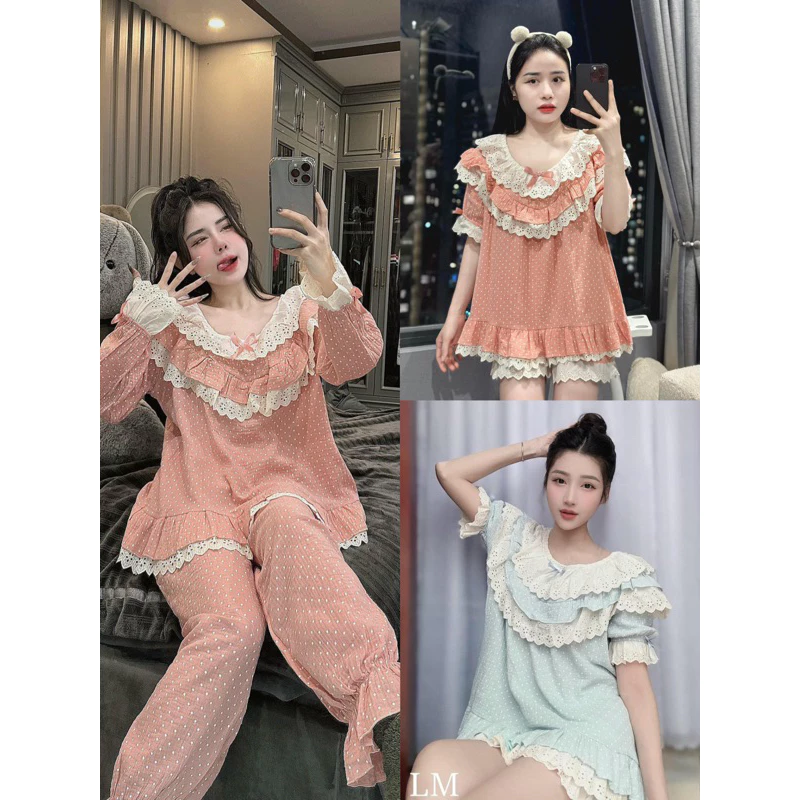 Bộ Pijama hồng chấm bi cổ tròn ren bèo tiểu thư dễ thương - L0049 cotton đũi mềm