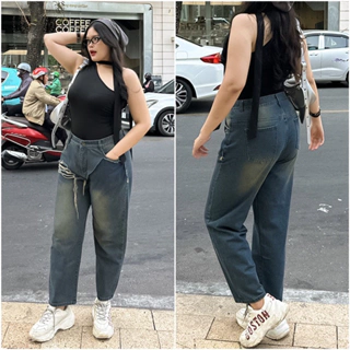 Quần baggy jeans nữ bigsize xanh dơ phối túi đắp rách 1166, cạp cao không giãn [55-90kg]