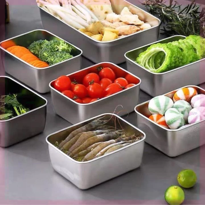 Free Ship - Khay Inox, Hộp Đựng Thức ăn Inox 304 Đa Năng Có Nắp Nhựa - Hàng Loại 1