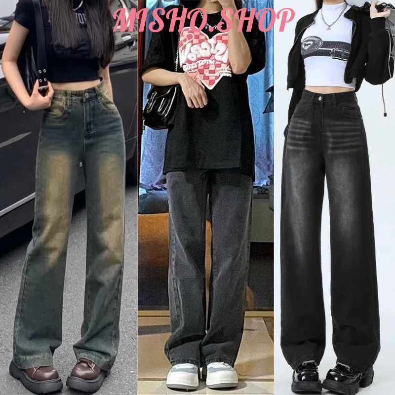 Quần jean nữ retro baggy CẠP CAO ống suông rộng MISHO, quần bò nữ đen loang chất jeans cao cấp top xu hướng 2023