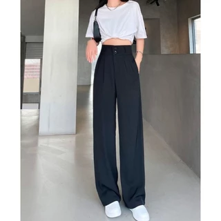 Quần ống suông culottes/ ống rộng nữ cạp siêu cao 2 khuy khóa trước vải tuyết mưa màu đen