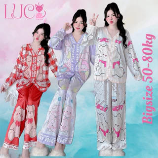 (BIGSIZE 50-80KG) Đồ bộ pijama mặc nhà LỤA XƯỚC CỔ V tay dài cho bạn nữ thiết kế sang trọng