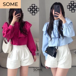 Áo sơ mi croptop bèo tay dài phong cách tiểu thư, Áo sơ mi công sở nữ thiết kế cổ trụ thanh lịch - A284