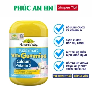 Kẹo dẻo Canxi Vitamin D cho bé Nature’s Way Kids Smart Vita Gummies Calcium + Vitamin D 60 viên phát triển chiều cao