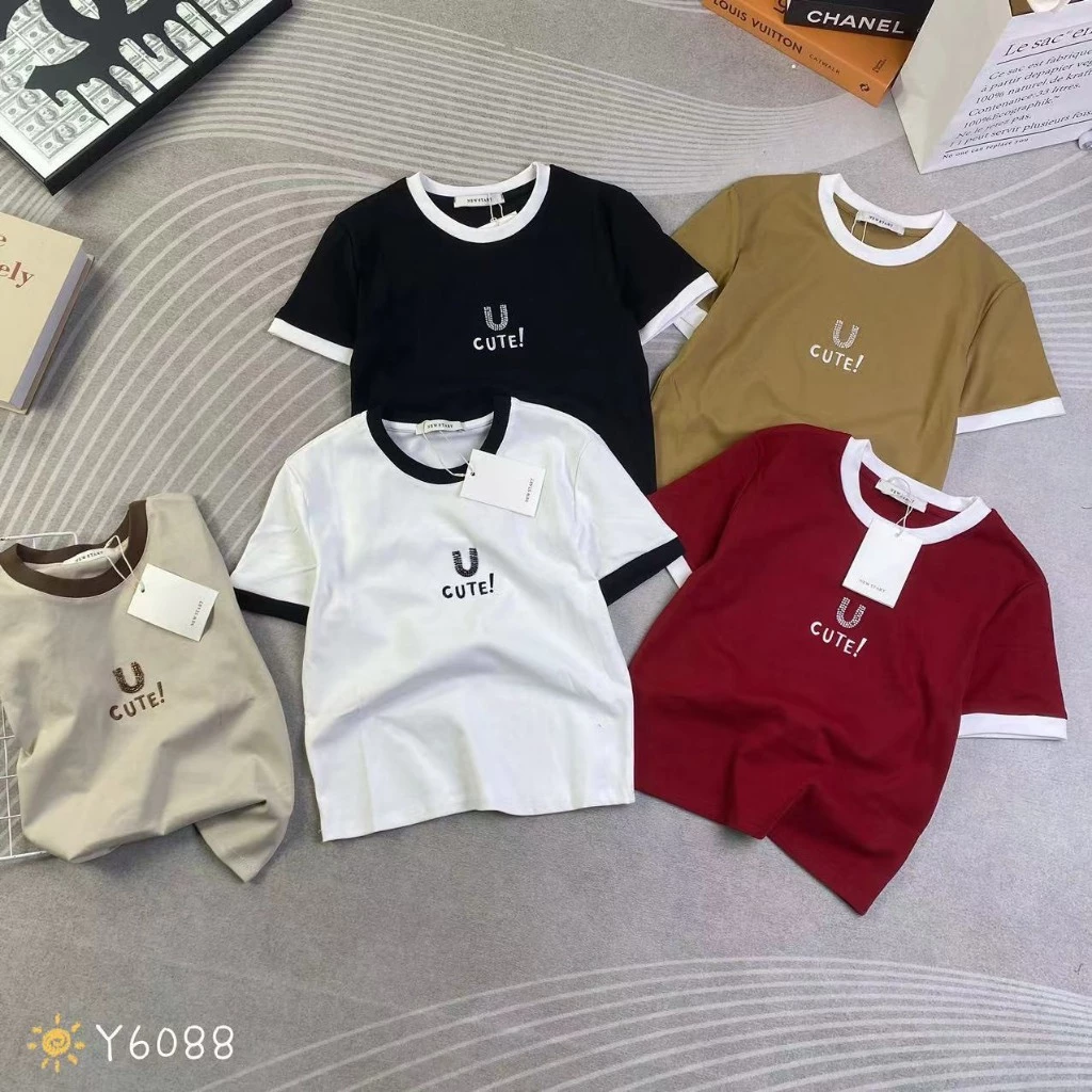 Áo thun baby tee nữ tay ngắn cổ tròn viền màu thêu chữ U cute hàng Quảng Châu chất cotton, áo phông mùa hè hàn quốc 6088