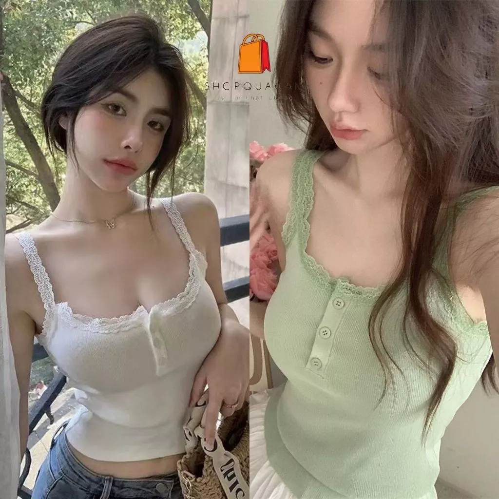 Áo Croptop Dệt Kim, Áo 2 Dây CÓ MÚT Viền Ren Cài Cúc Ôm Body Thời Trang Mùa Hè Quyến Rũ Phong Cách Hàn Quốc Shopquacam