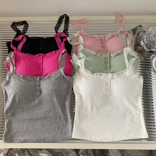 Áo 2 Dây Len CÓ MÚT ĐỆM, Áo Cotton Cài Khuy Phối Viền Ren Màu Chất Thun Co Giãn Ôm Body Phong Cách Qccc Matmatshop