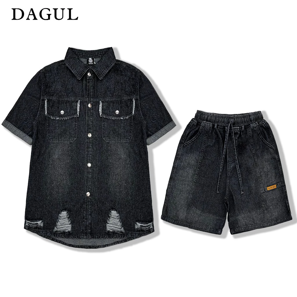 (M-21) Set JEAN was RÁCH cầu vai thêu chữ DAGUL quần có có TÁP DA chũ DENIM Menswea