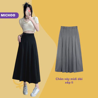 Chân Váy Midi Xếp Ly MICHOO Trẻ Trung Thanh Lịch Đi Làm Đi Chơi 2 Màu Đen Ghi