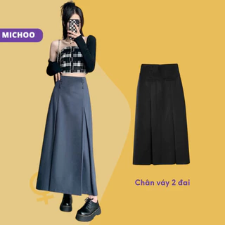 Chân Váy Midi Ulzzang Xếp Ly Bản To MICHOO 2 Cạp Đai Lưng Cá Tính