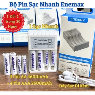 COMBO SẠC NHANH ENEMAX tự ngắt + 4PinAA4600mAh + 4PinAAA2600mAh Pin Sạc Dự Phòng Mic Hát,Điều Khiển.