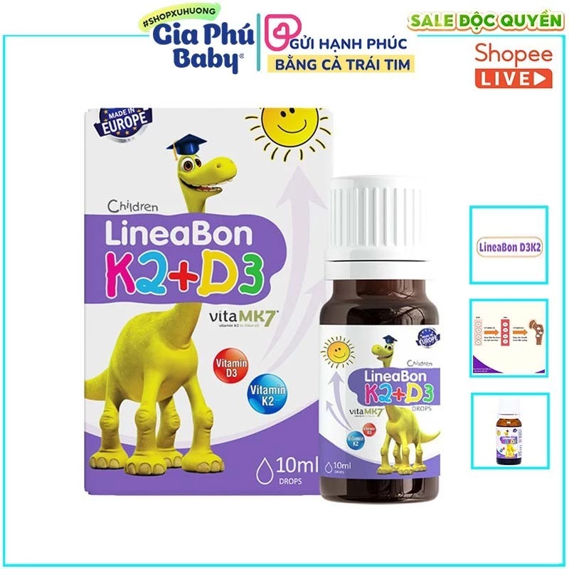 Vitamin K2 D3 Lineabon hỗ trợ hấp thụ canxi cho bé ( Dạng siro 10ml ) Chính hãng