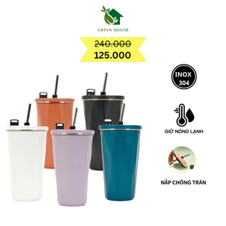 Cốc giữ nhiệt cao cấp Green House BTC06, cốc nước giữ nhiệt văn phòng 600 ml tặng kèm ống hút