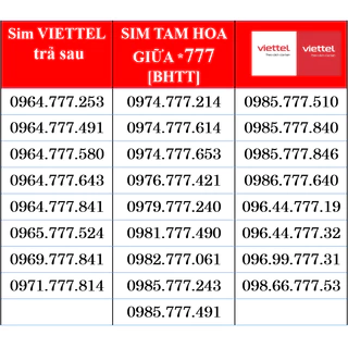 Sim Trả Sau Viettel Số Đẹp , sim tam hoa giữa 777 Chính chủ giá rẻ