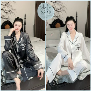 Đồ ngủ, Pijama Nữ Tay Dài Họa Tiết CC Thêu Chất Lụa Xước 2 Màu Siêu Sang - Đồ Bộ Freesize Phong Cách Quảng Châu