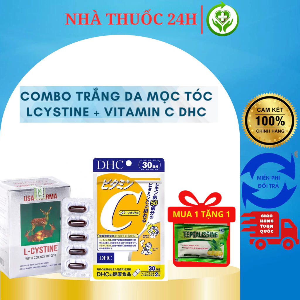 Combo trắng da Lcystine, DHC Vitamin C giúp đẹp da, giảm rụng tóc - Bổ sung vitamin c, Coenzym Q10, l crystine L cistin