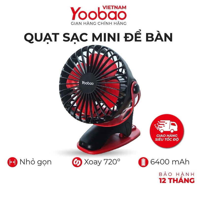 Quạt sạc mini Yoobao 6400mah tích điện kẹp xe đẩy đa năng đặt bàn