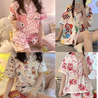 Bộ đồ ngủ pijama nữ cộc tay quần đùi chất lụa Kate Thái mềm mịn màu trắng họa tiết  siêu đáng yêu