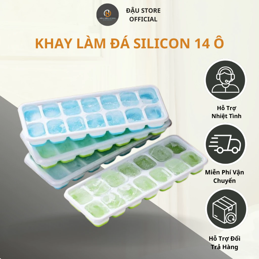 Khay Làm Đá 14 Ô Chất Liệu Silicon, Khay Làm Đá Có Nắp Đậy, Khay Làm Đá Dự Trữ Thức Ăn Dặm Viên Detox