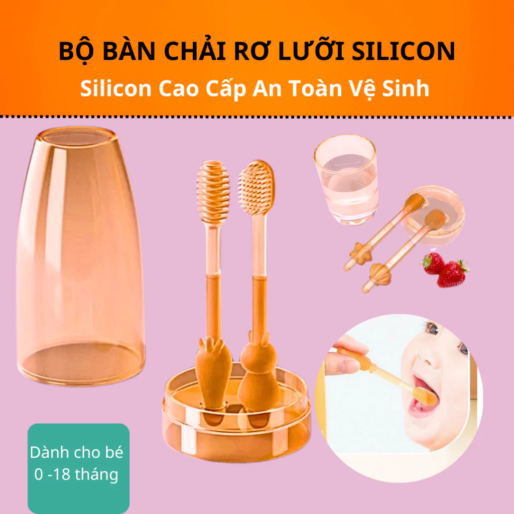 Bộ Bàn Chải Rơ Lưỡi Silicon 2 Chi Tiết Có Kèm Hộp Đựng-Bàn Chải Đánh Nứu Tưa Lưỡi Cho Bé Sơ Sinh