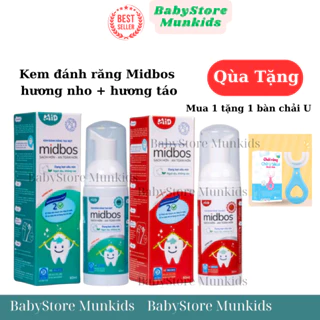 Kem đánh răng dạng bọt Midbos mẫu mới thương hiệu Midkid hữu cơ nuốt được cho bé từ 1 tuổi lọ 60ml hương nho, hương táo