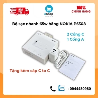 Bộ sạc nhanh 65w hãng NOKIA P6308 2 cổng C + 1 cổng A , tặng kèm cáp C to C