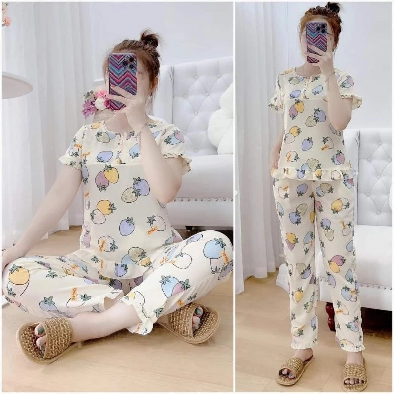 Bunnysky Đồ bộ mặc nhà cộc tay cổ nhún bèo, quần áo fom xinh dáng đẹp mặc hè.