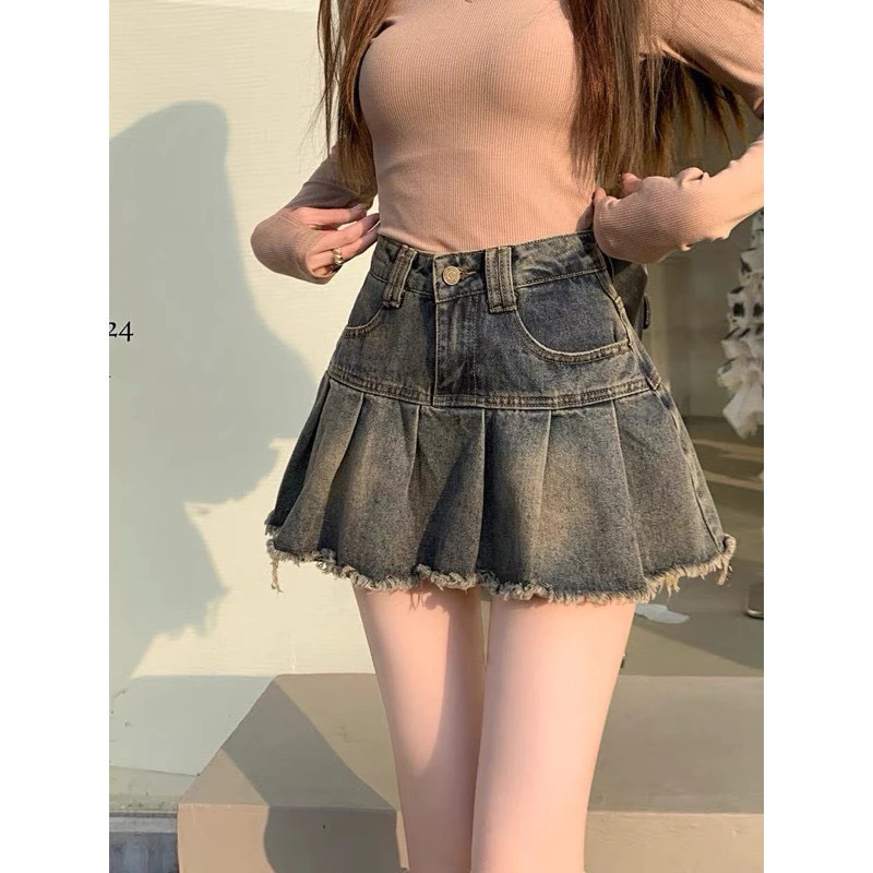 Chân váy bò xếp li to dáng xoè cạp cao có quần trong chất liệu jeans dày đẹp phom tôn dáng