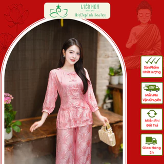 Đồ Lam Đi Chùa Liên Hoa - Set Lam  Tằm chữ Thọ Chất Lượng Mềm Mịn Tay lỡ (Full set tơ tằm)