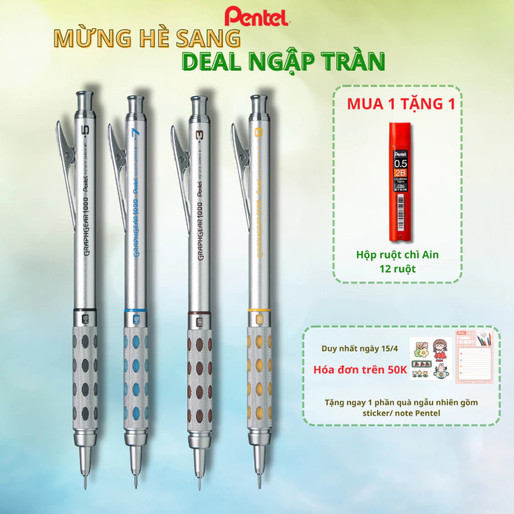 Bút Chì Kim Pentel Graphgear 1000 Inox | Chì Kỹ Thuật Chuyên Nghiệp Chuyển Được Độ B | Vẽ Phác Thảo, Kiến Trúc, Mỹ Thuật