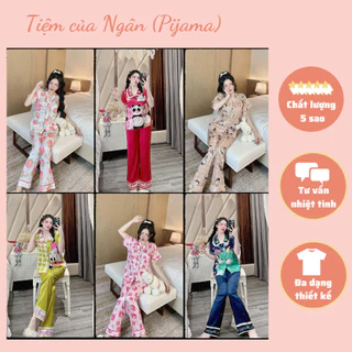 Đồ bộ pijama cổ V lụa xước, đồ bộ Pyjama tay ngắn quần dài mặc nhà (40-58kg)