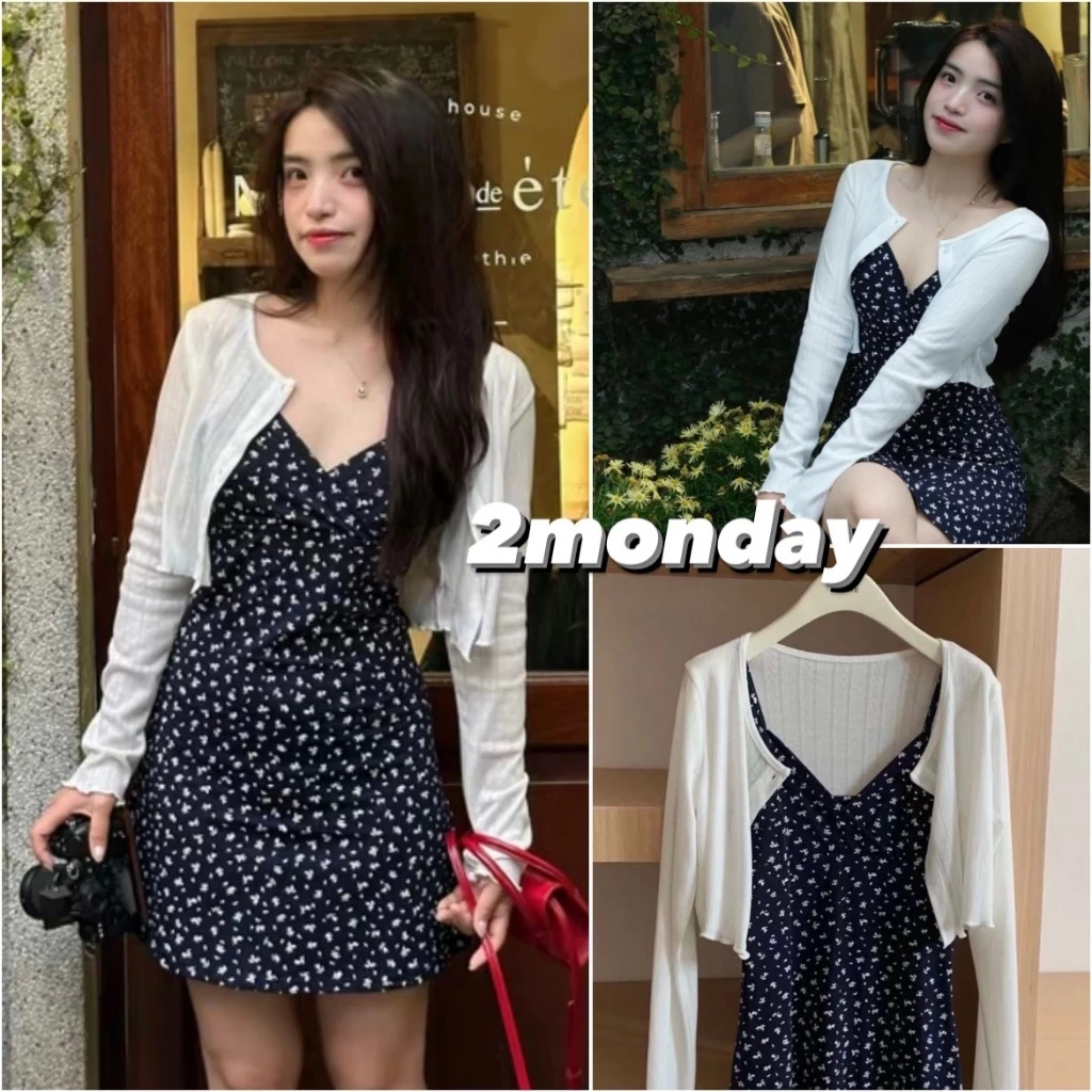 [HÀNG LOẠI 1] Set Váy 2 Dây Samy Hoa Nhí Cổ V Kèm Áo Cardigan Trắng Siêu Xinh