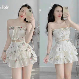 Sét bộ áo cup ngực croptop chạy mocking mix chân váy xòe xếp tầng xinh xắn dành cho nàng diện đi chơi mtb